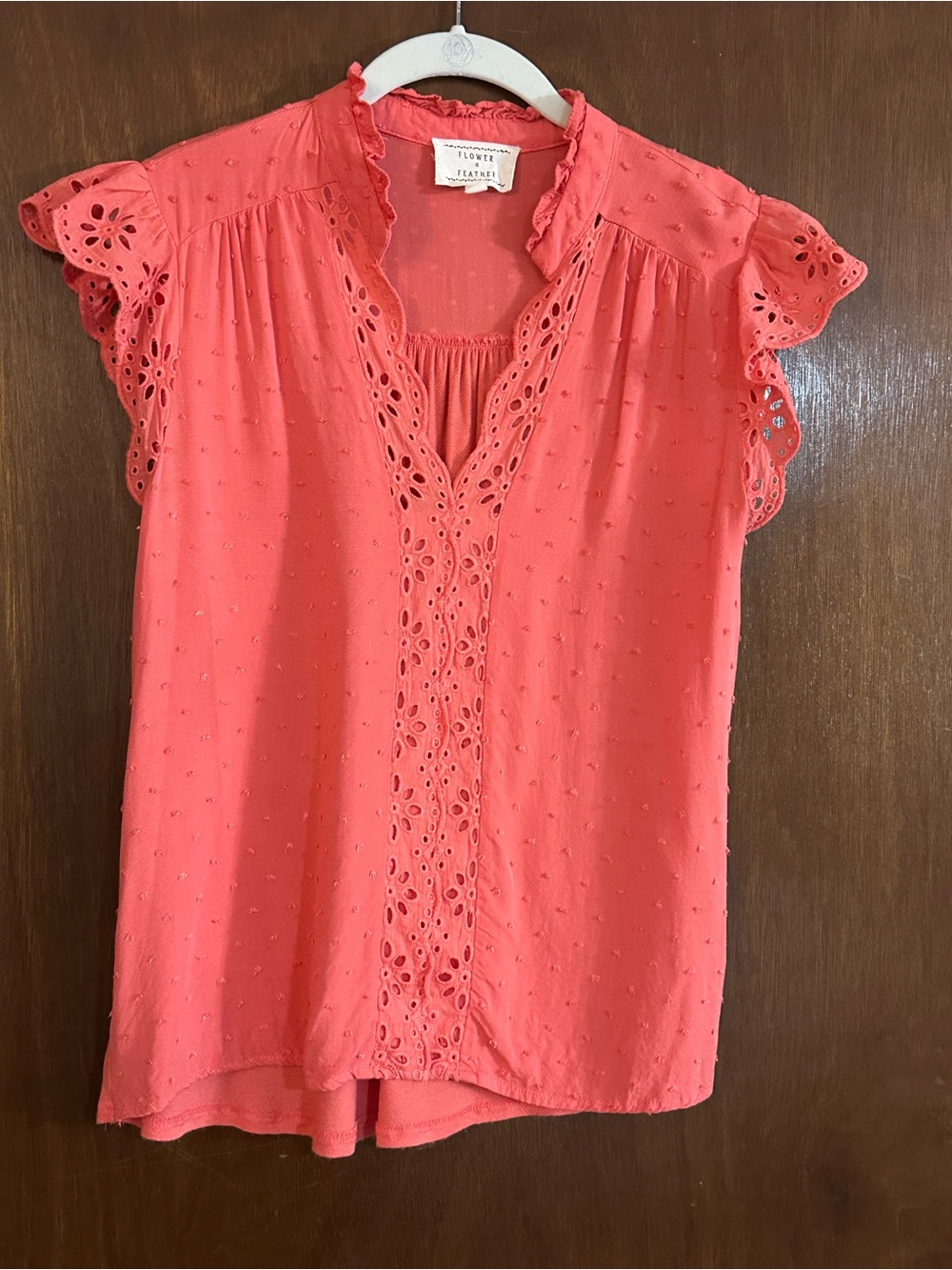 Flower & Feather | Pink Coral Eyelet Flutter Sleeve Split V-Neck Blouse | Small